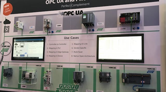 In the PI booth at Hannover Messe 2019, devices from multiple vendors were shown to explain such capabilities as controller-to-controller links and mapping in PLCs and edge gateways using OPC UA and Profinet.