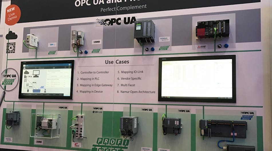 In the PI booth at Hannover Messe 2019, devices from multiple vendors were shown to explain such capabilities as controller-to-controller links and mapping in PLCs and edge gateways using OPC UA and Profinet.