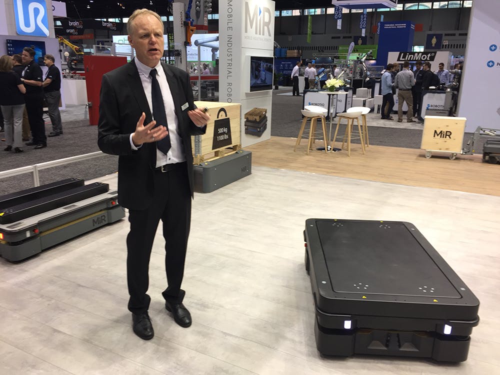Niels Jul Jacobsen, founder of Mobile Industrial Robots (MiR), shows off the new MiR1000, which doubles the company&rsquo;s previous payload capabilities to 1,000 kg (2,200 lb).