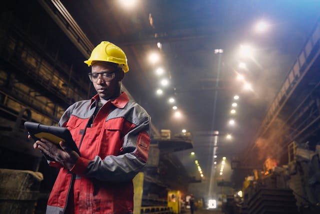 Industrial worker uses tablet to access data wirelessly.