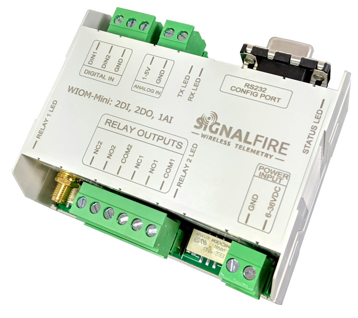 The Mini Wireless I/O Module from SignalFire Wireless Telemetry integrates an antenna capable of a 3-mile range, which allows a pair of modules to communicate in a point-to-point mode or directly to a Gateway.
