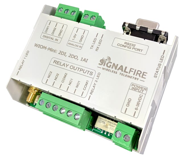 The Mini Wireless I/O Module from SignalFire Wireless Telemetry integrates an antenna capable of a 3-mile range, which allows a pair of modules to communicate in a point-to-point mode or directly to a Gateway.