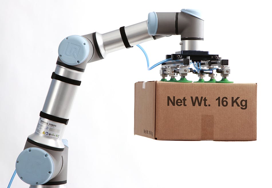 Universal Robots&rsquo; UR16e can handle a payload of 16 kg (35 lb).