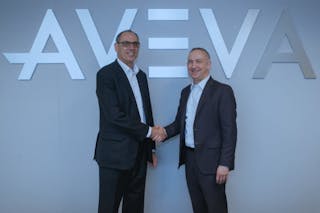 Worley CEO, Andrew Wood (left), and AVEVA CEO, Craig Hayman(right) announce partnership to build upon AVEVA Enterprise Resource Management software and deliver the first cloud-based solution optimized for the EPC market.