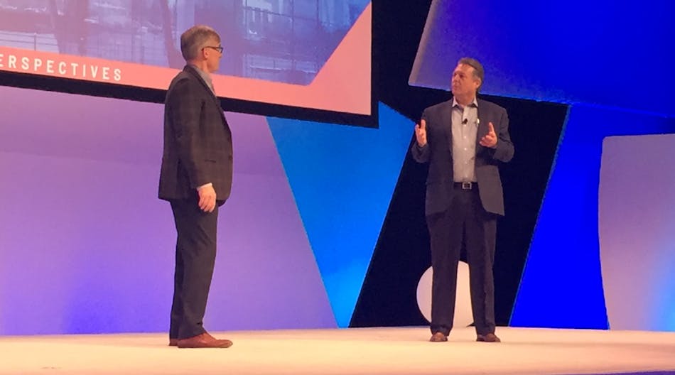 Mike Sutcliff (right) joins Blake Moret on the Perspectives stage to announce a new partnership between Rockwell Automation and Accenture&rsquo;s Industry X.0.
