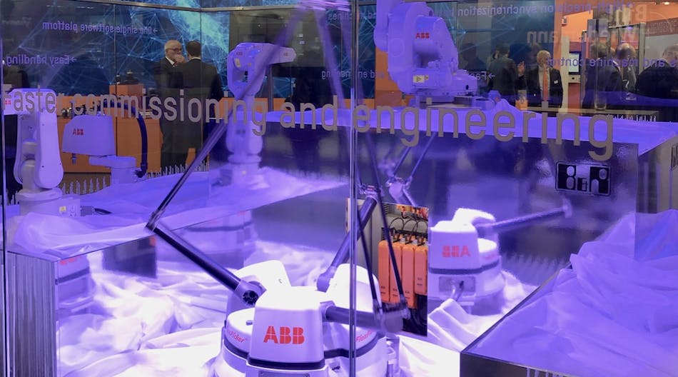 ABB robots on display in the B&amp;R exhibit at SPS 2019 to highlight the integration of ABB robotics and B&amp;R&apos;s machine control.