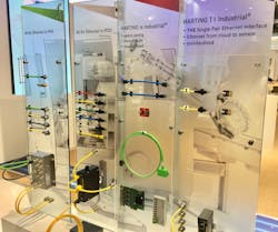 Ethernet cabling and connector display in Harting&apos;s exhibit at SPS 2019. Note the ix Industrial and T1 displays, which Harting contends are the future of Ethernet connectors in the factory.