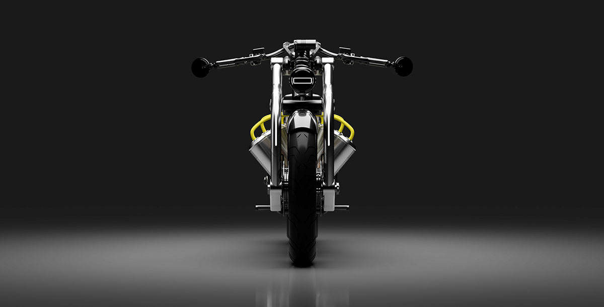 The Zeus 8 motorcycle, seen from the front.