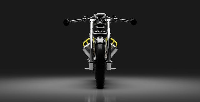 The Zeus 8 motorcycle, seen from the front.