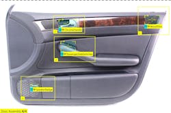Car door panel assembly verification with ViDi 3.4 includes checks for specific window switches and trim pieces.