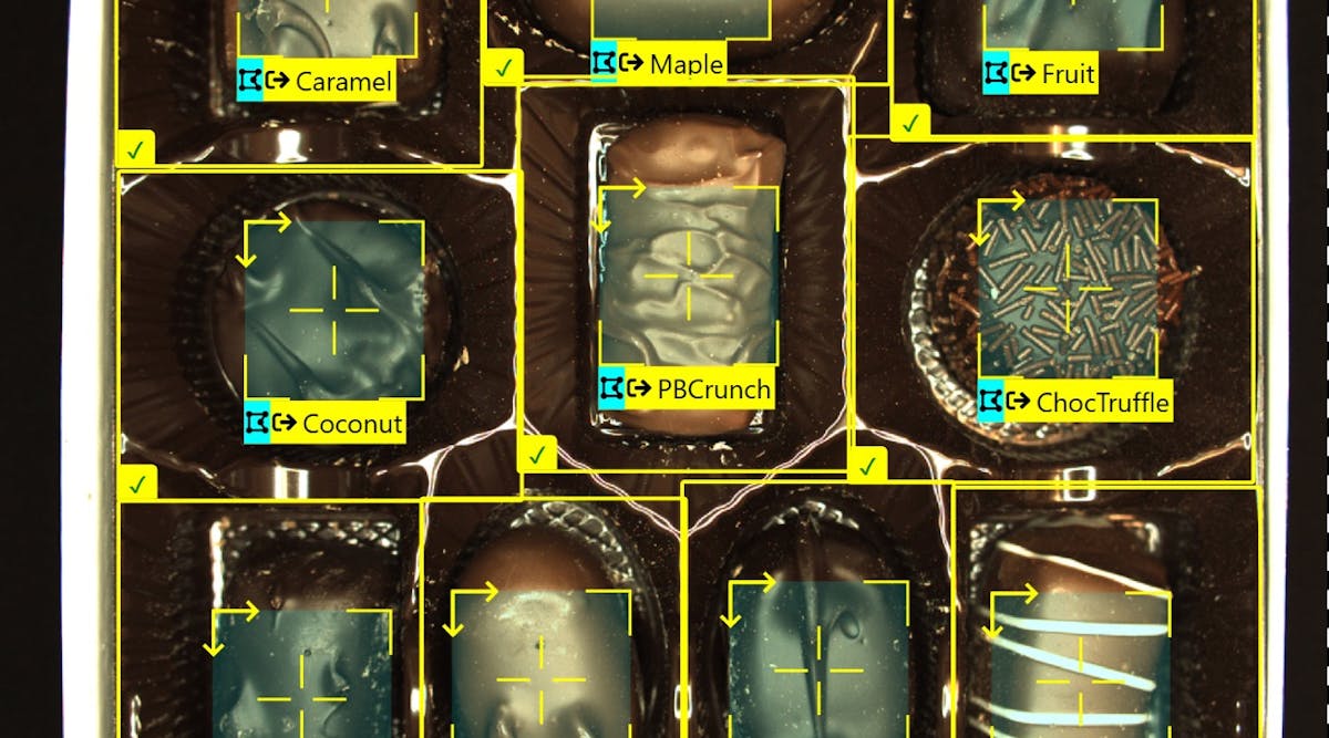 Cognex Deep Learning quality inspection software can be trained to identify correct placement and types of items assembled or packaged. In this consumer packaged goods example, it&apos;s assorted chocolates in a package. Source: Cognex
