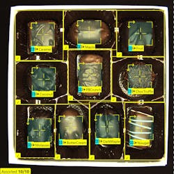 Cognex Deep Learning quality inspection software can be trained to identify correct placement and types of items assembled or packaged. In this consumer packaged goods example, it&apos;s assorted chocolates in a package. Source: Cognex