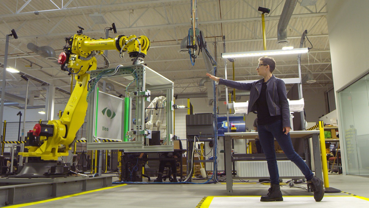 Veo Robotics co-founder Clara Vu tests robot interaction with the company's FreeMove system.