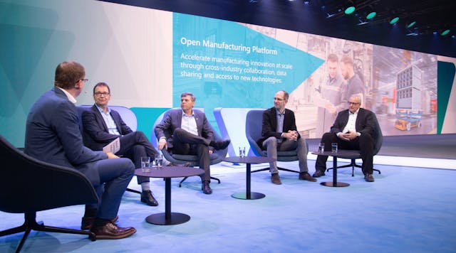 Sven Hamann, SVP Bosch Connected Industry; Ralf Waltram, vice president IT Systems Production and Logistics, BMW Group; Dr.-Ing. Michael Bolle, member of the board of management, Bosch Group; Scott Guthrie, EVP Cloud &amp; AI, Microsoft; Werner Balandat, head of production management, ZF Friedrichshafen AG