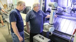 Rather than turn orders away because of reduced capacity caused by social distancing requirements, All Axis Machining deployed eight UR10 cobots for machine tending tasks. Rather than turn orders away because of reduced capacity caused by social distancing requirements, All Axis Machining deployed eight UR10 cobots for machine tending tasks.