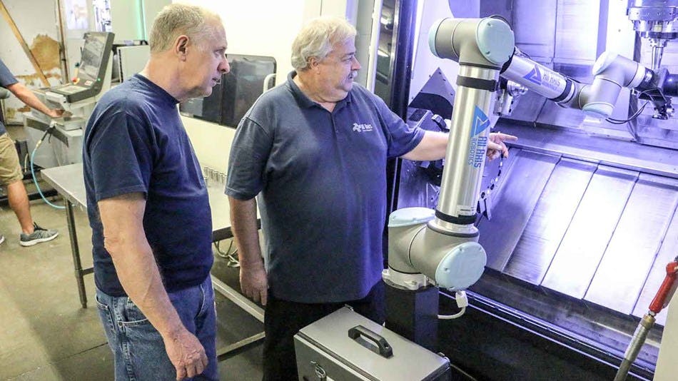 Rather than turn orders away because of reduced capacity caused by social distancing requirements, All Axis Machining deployed eight UR10 cobots for machine tending tasks.