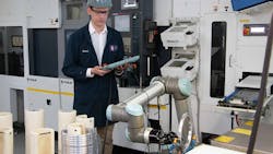 After a coronavirus outbreak, RCM Industries used UR cobots to reduce the number of operators in each cell from three to one. After a coronavirus outbreak, RCM Industries used UR cobots to reduce the number of operators in each cell from three to one.
