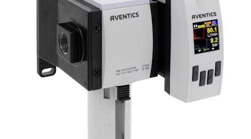 The Aventics AF2 Series flow sensor is an IIoT-enabled device that provides air consumption and leak detection analytics. Source: Emerson