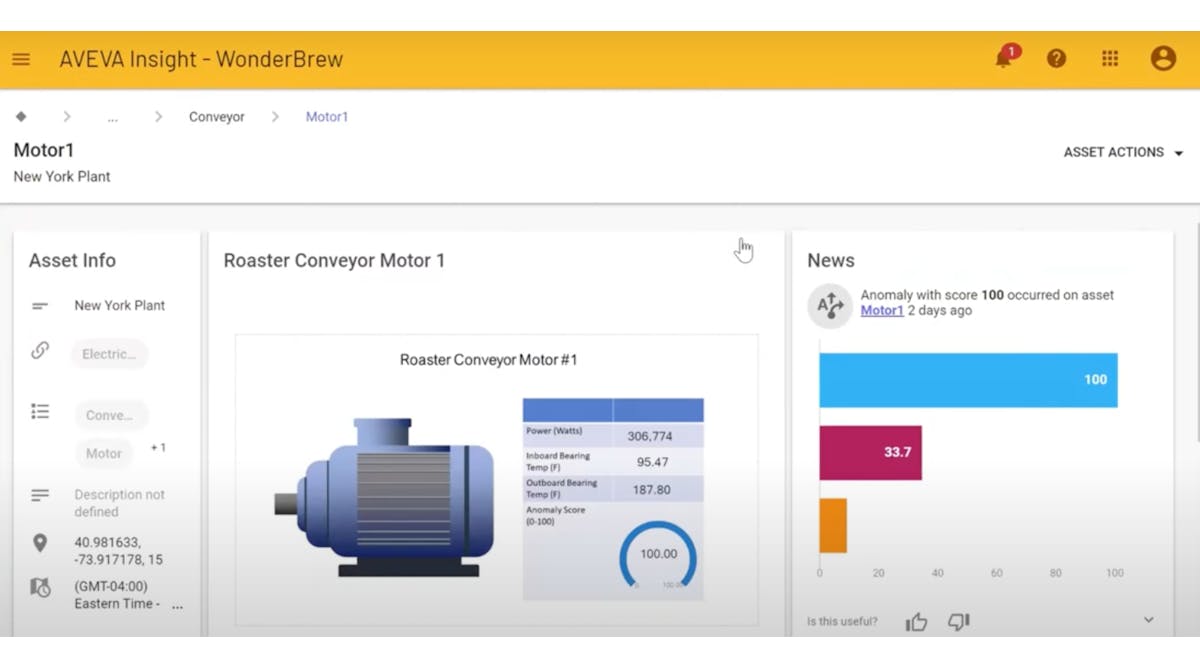 With Aveva Insights, users can see details showing the specific operating parameters that have been crossed by the motor, the consequences of motor failure to the line, and prescriptive actions he can take to solve the issue.