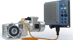 Nord Gear&apos;s LogiDrive system includes a high efficiency Nord gearbox, IE4 or IE5+ permanent magnet synchronous motor, a decentralized variable frequency drive, M12 signal connectors, and an incremental encoder.