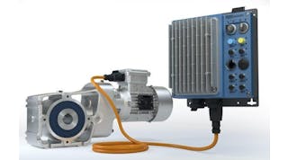 Nord Gear&apos;s LogiDrive system includes a high efficiency Nord gearbox, IE4 or IE5+ permanent magnet synchronous motor, a decentralized variable frequency drive, M12 signal connectors, and an incremental encoder.