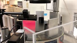 Aluminum blocks with 2D data matrix codes spin on a turntable in the demo. The NX102 controller sends trigger signals to FH-5050 vision system to capture images and decode the data matrix code. Aluminum blocks with 2D data matrix codes spin on a turntable in the demo. The NX102 controller sends trigger signals to FH-5050 vision system to capture images and decode the data matrix code.