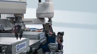 Flexible feeding system using vision, motion, and robotics technologies developed by Armo Tool in conjunction with Omron Automation and Taylor Fluid Systems.