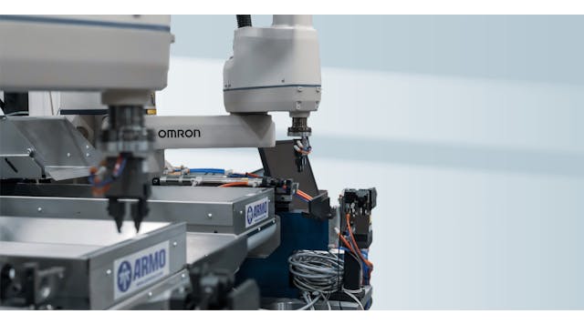 Flexible feeding system using vision, motion, and robotics technologies developed by Armo Tool in conjunction with Omron Automation and Taylor Fluid Systems.
