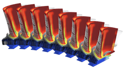 Metal temperatures in a turbine blade, predicted using conjugate heat transfer simulation with Simcenter STAR-CCM+ software. Metal temperatures in a turbine blade, predicted using conjugate heat transfer simulation with Simcenter STAR-CCM+ software.