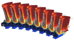 Metal temperatures in a turbine blade, predicted using conjugate heat transfer simulation with Simcenter STAR-CCM+ software.