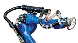 Cables and hoses are routed in conduit around the robot to protect them against the robot’s movements and application environment. Cables and hoses are routed in conduit around the robot to protect them against the robot’s movements and application environment.