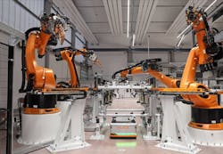 KUKA pilot plant for matrix production in the company’s Augsburg, Germany, plant. KUKA pilot plant for matrix production in the company’s Augsburg, Germany, plant.