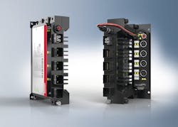 The IP65/67-rated C7015 ultra-compact Industrial PC (left) supports machine mounting even in confined spaces and further minimizes footprint with directly attached EPP series EtherCAT P I/O modules (as shown on the right).