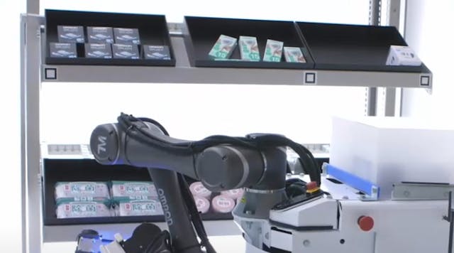 Omron demonstrates its advanced product pick-and-place robotic system that incorporates a collaborative mobile and fixed robot with 3D vision technology.