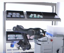 Omron demonstrates its advanced product pick-and-place robotic system that incorporates a collaborative mobile and fixed robot with 3D vision technology. Omron demonstrates its advanced product pick-and-place robotic system that incorporates a collaborative mobile and fixed robot with 3D vision technology.