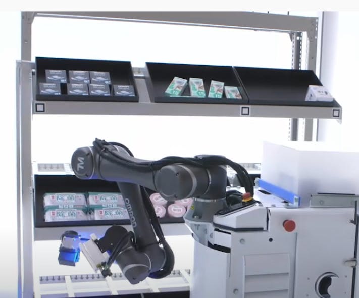 Omron demonstrates its advanced product pick-and-place robotic system that incorporates a collaborative mobile and fixed robot with 3D vision technology.