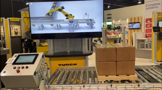 Turck showed a conveyor demo, showcasing various Turck products and how they can be used in the packaging industry, especially automotive and other wet, harsh environments.