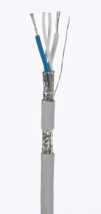 Panduit’s SPE Shielded Copper Cable has 18/7 AWG stranded tinned copper conductors with foamed polyethylene (PE) insulation. The conductors are twisted in a pair and include two fillers. The pair is surrounded by an aluminum/polyester foil shield, a tinned copper braid shield, and includes a 24/7 AWG stranded tinned copper ground wire. Panduit’s SPE Shielded Copper Cable has 18/7 AWG stranded tinned copper conductors with foamed polyethylene (PE) insulation. The conductors are twisted in a pair and include two fillers. The pair is surrounded by an aluminum/polyester foil shield, a tinned copper braid shield, and includes a 24/7 AWG stranded tinned copper ground wire.