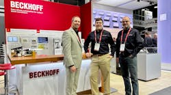 The industry team gathers at MODEX 2022 (from left): Doug Schuchart, Global Intralogistics Industry Manager; Nathan Hibbs, Material Handling & Intralogistics Business Development Manager; and Gilbert Petersen, Material Handling & Intralogistics Application Specialist. (© Beckhoff, 2022) The industry team gathers at MODEX 2022 (from left): Doug Schuchart, Global Intralogistics Industry Manager; Nathan Hibbs, Material Handling & Intralogistics Business Development Manager; and Gilbert Petersen, Material Handling & Intralogistics Application Specialist. (© Beckhoff, 2022)