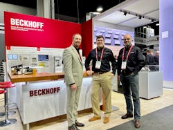 The industry team gathers at MODEX 2022 (from left): Doug Schuchart, Global Intralogistics Industry Manager; Nathan Hibbs, Material Handling &amp; Intralogistics Business Development Manager; and Gilbert Petersen, Material Handling &amp; Intralogistics Application Specialist. (&copy; Beckhoff, 2022)