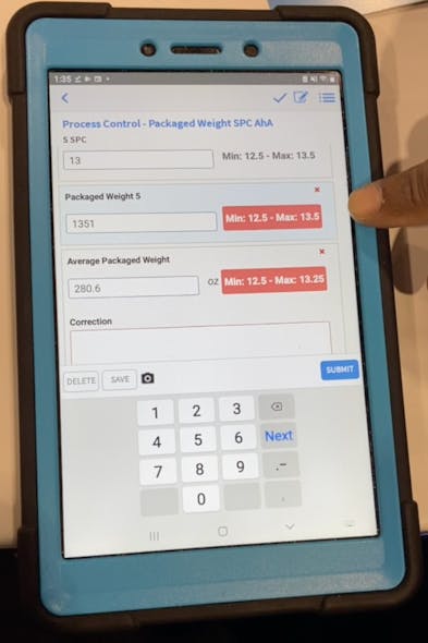 Screenshot of the SafetyChain software software on a mobile device highlighting out-of-spec package weights to direct worker tasks.