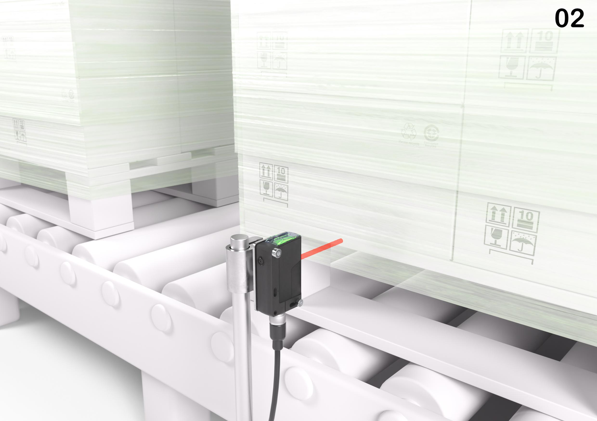 Conventional retro-reflective photoelectric sensors often detect film-wrapped pallets unreliably. The reason for this is the depolarizing property of the tensioned film. Thanks to its special optics, the new Leuze 36 series retro-reflective photoelectric sensor masters this challenge without problem.