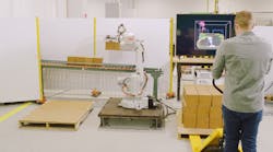 Veo Robotics’ FreeMove system being tested with an ABB robot in a palletizing operation. Veo Robotics’ FreeMove system being tested with an ABB robot in a palletizing operation.