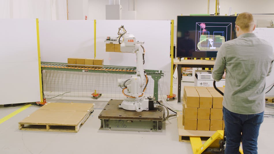 Veo Robotics&rsquo; FreeMove system being tested with an ABB robot in a palletizing operation.
