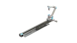 With the Festo Motion Control Package, a seventh axis can be added to a Universal Robot cobot for a range of applications, including palletizing. Source: Festo.