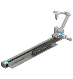 With the Festo Motion Control Package, a seventh axis can be added to a Universal Robot cobot for a range of applications, including palletizing. Source: Festo. With the Festo Motion Control Package, a seventh axis can be added to a Universal Robot cobot for a range of applications, including palletizing. Source: Festo.