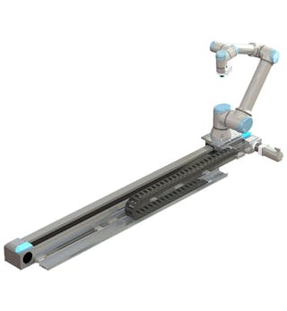 With the Festo Motion Control Package, a seventh axis can be added to a Universal Robot cobot for a range of applications, including palletizing. Source: Festo.