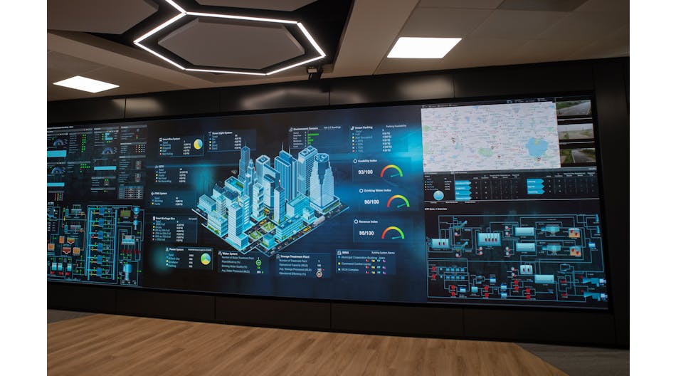 Aveva&rsquo;s interactive wall showcasing EAM software insights applied to a city-wide asset management. Source: Aveva