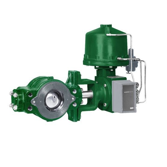 The Fisher V250 control valve is a heavy-duty, flangeless throttling ball valve often used to control flow in gas transmission lines, gas distribution, and liquid pipelines. It is available with a single ball seal, flow ring, or dual-seal construction.