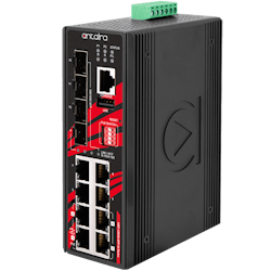 The Antaira LMP-1204G-SFP-bt managed switch with persistent PoE technology. The Antaira LMP-1204G-SFP-bt managed switch with persistent PoE technology.